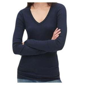 Navy Blue Girls Full Sleeve V-Neck T- Shirt For Women