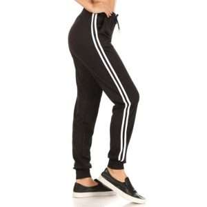 Female Cuff Summer Black Jogger With Double White Stripe